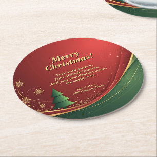 Business Group Name Message Red Christmas Party Round Paper Coaster