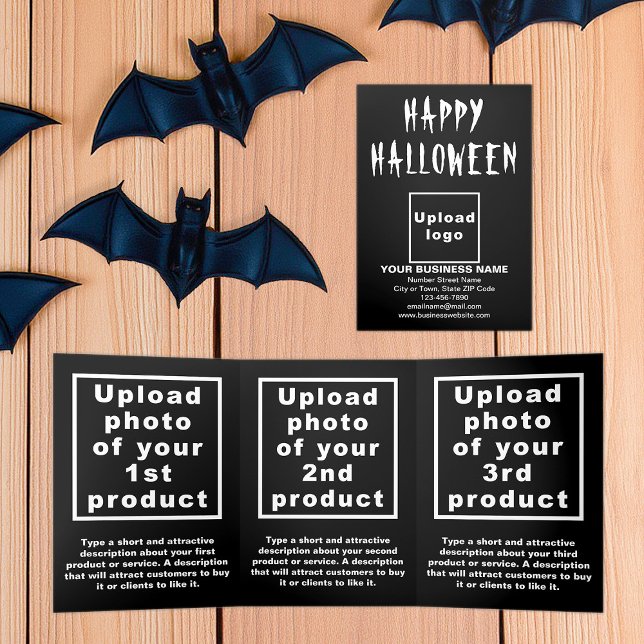 Business Halloween Black Trifold Card (Business brand and products on black Halloween trifold card)