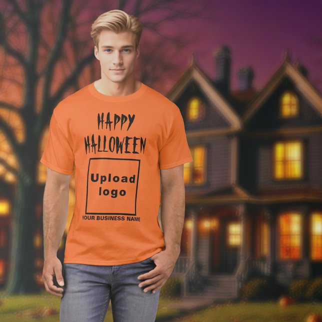 Business Halloween Greeting on Orange Colour T-Shirt (Halloween greeting, business name and logo on orange color t-shirt)