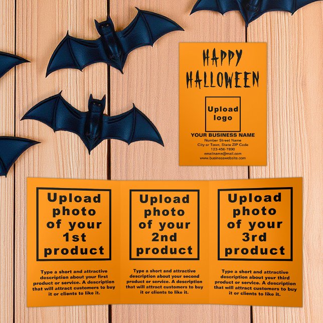 Business Halloween Orange Colour Trifold Card (Business brand and products on orange color Halloween trifold card)