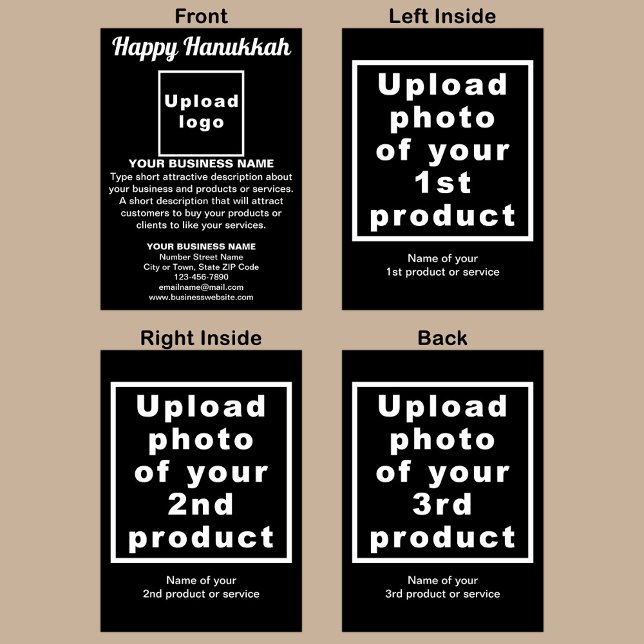 Business Hanukkah Black Folded Greeting Card (Black Hanukkah folded greeting card with your business brand and products or services.)