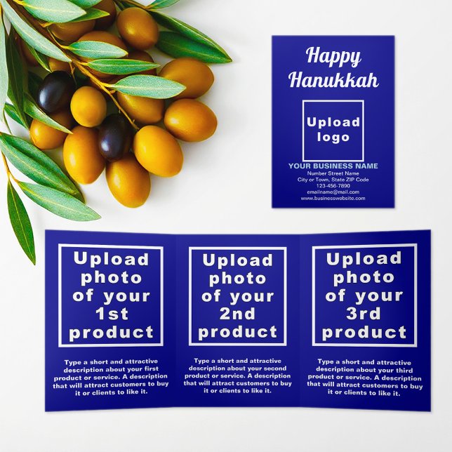 Business Hanukkah Blue Trifold Card (Hanukkah greeting, business brand and products on blue trifold card)