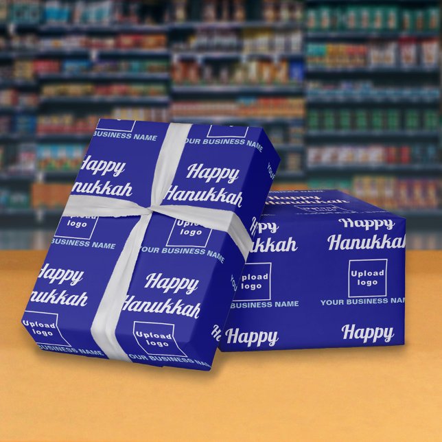 Business Hanukkah Blue Wrapping Paper (Hanukkah greeting, business name and logo on blue wrapping paper)