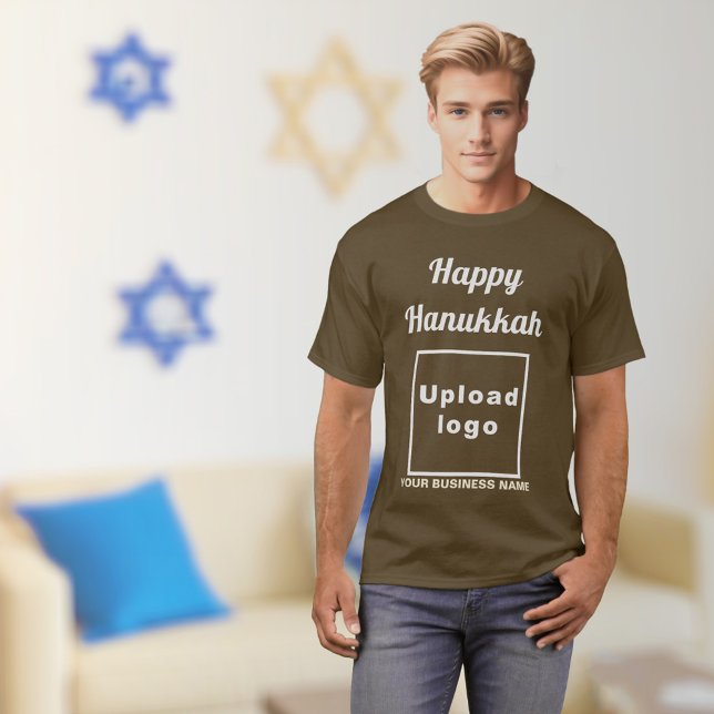 Business Hanukkah Greeting on Brown T-Shirt (Hanukkah greeting, business name and logo on brown t-shirt)