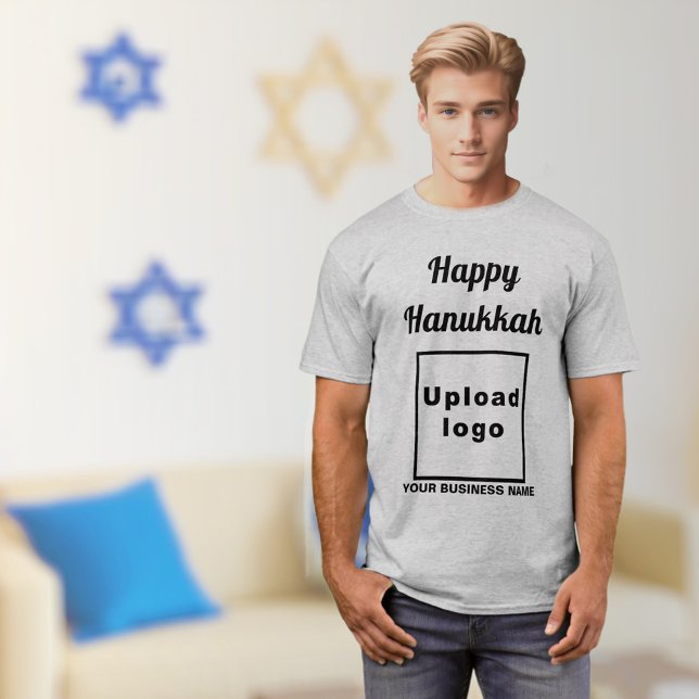 Business Hanukkah Greeting on Grey T-Shirt (Hanukkah greeting, business name and logo on gray t-shirt)