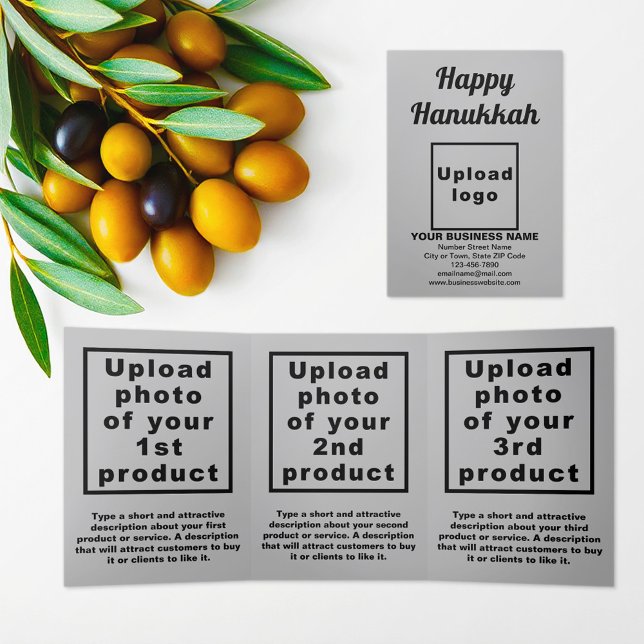 Business Hanukkah Grey Trifold Card (Hanukkah greeting, business brand and products on gray trifold card)