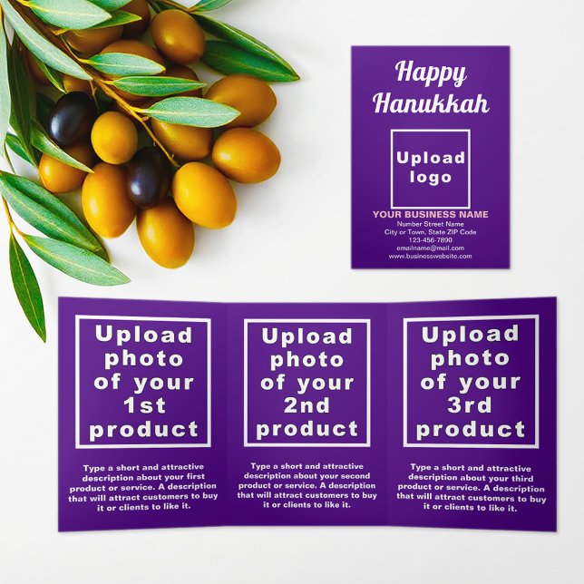 Business Hanukkah Pink Trifold Card (Hanukkah greeting, business brand and products on purple trifold card)