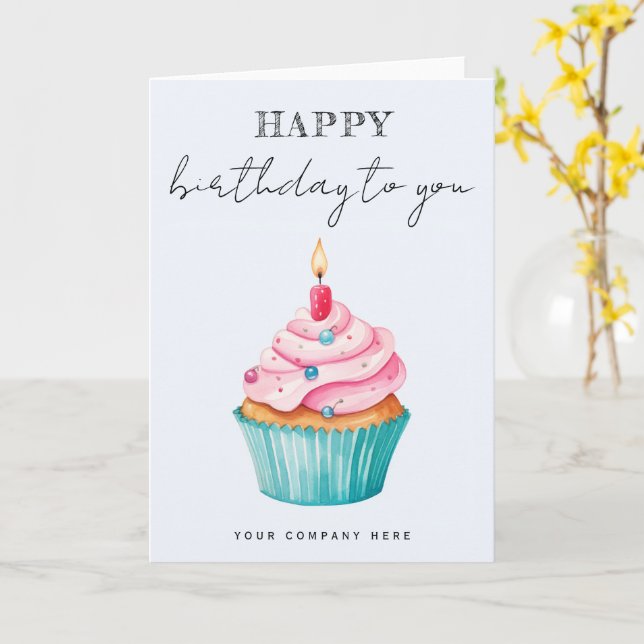 Business Happy Birthday Watercolor Cupcake  Card (Yellow Flower)