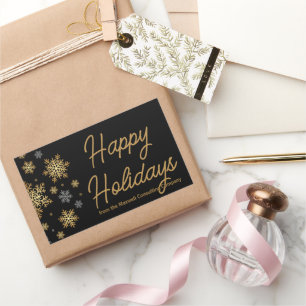 Business Happy Holidays Black Gold Chic Snowflakes Rectangular Sticker