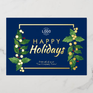 Business Happy Holidays Blue Real Gold Foil Card
