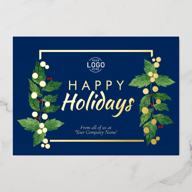 Business Happy Holidays Blue Real Gold Foil Card (Front)