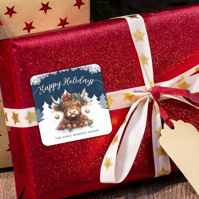 Business Happy Holidays Cute Festive Highland Cow Square Sticker (Creator Uploaded)