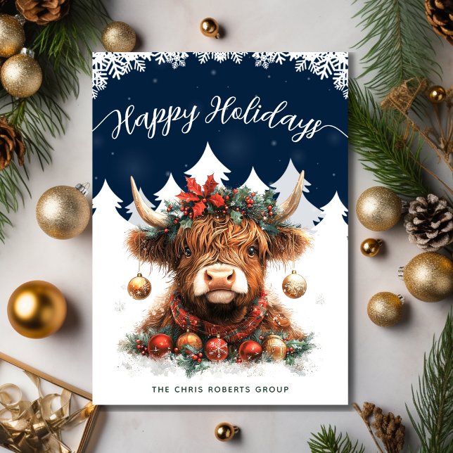 Business Happy Holidays Festive Highland Cow Holiday Card (Creator Uploaded)