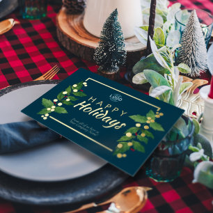 Business Happy Holidays Teal Real Gold Foil Card