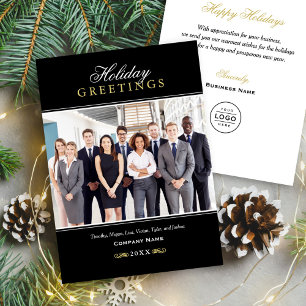 Business Holiday Greetings Black Gold Logo Photo Card