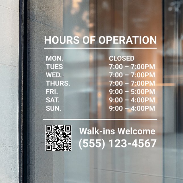 Business Hours QR Code Window (window cling hours of operation in white lettering)