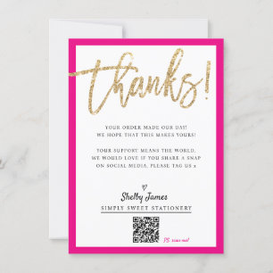 BUSINESS INSERT modern chic glitter script pink Thank You Card