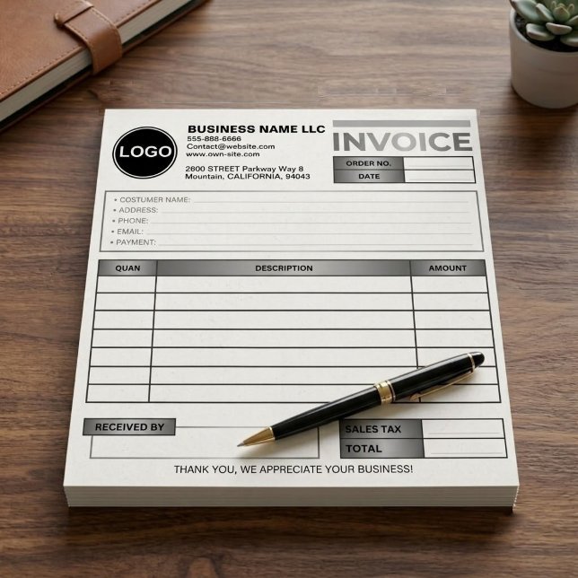 Business Invoice Sales Form Template | CUSTOM LOGO Notepad (custom silver logo invoice pad, black white business receipt book, custom small business sales form)