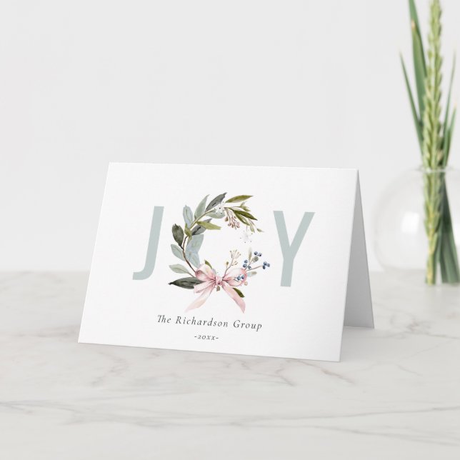 Business Joy Blush Winter Wreath Corporate Logo Holiday Card (Front)