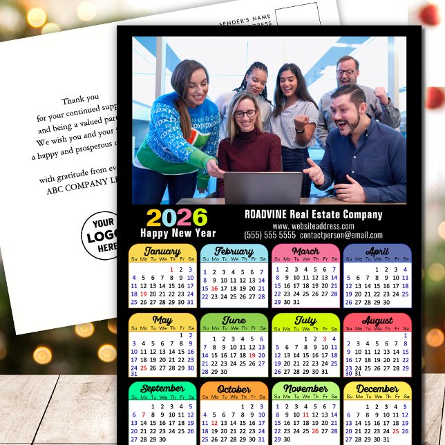 Business Logo 2025 Calendar Modern Black Colourful Holiday Postcard (Creator Uploaded)