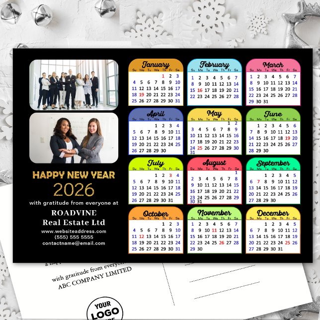 Business Logo 2025 Calendar Modern Black Colourful Holiday Postcard (Creator Uploaded)
