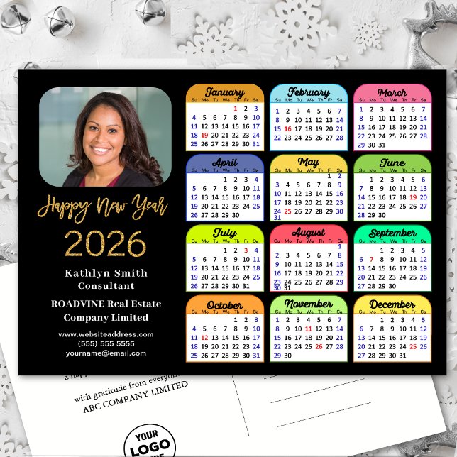 Business Logo 2025 Calendar Modern Black Colourful Holiday Postcard (Creator Uploaded)