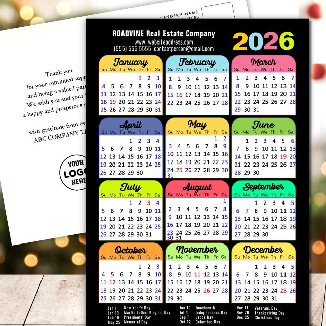 Business Logo 2025 Calendar Modern Black Colourful Holiday Postcard (Creator Uploaded)