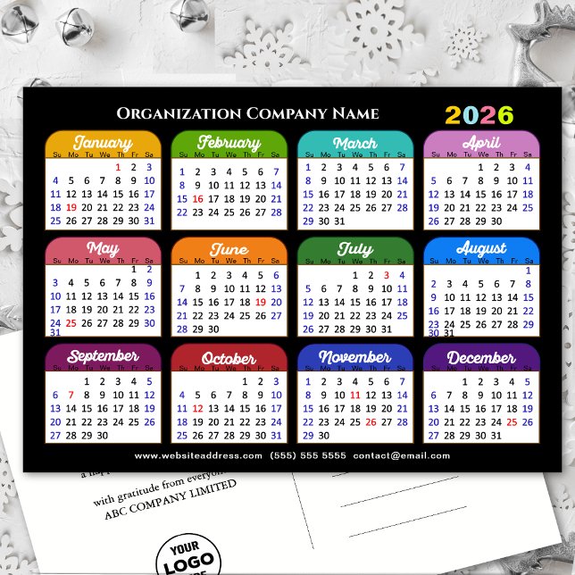 Business Logo 2026 Calendar Modern Black Colourful Holiday Postcard (Creator Uploaded)