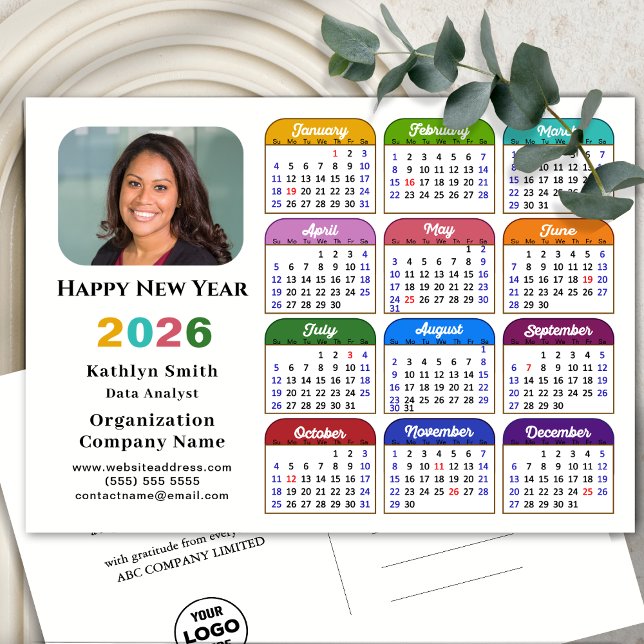 Business Logo 2026 Calendar Modern Black Colourful Holiday Postcard (Creator Uploaded)