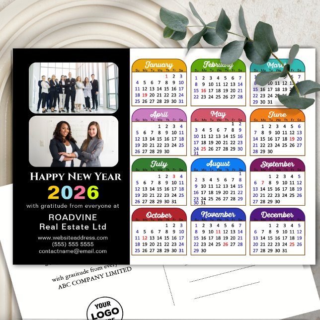 Business Logo 2026 Calendar Modern Black Colourful Holiday Postcard (Creator Uploaded)