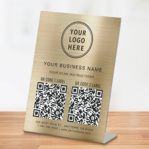 Business Logo 2 QR Codes Gold Pedestal Sign