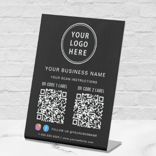 Business Logo 2 QR Codes Social Media Black Pedestal Sign