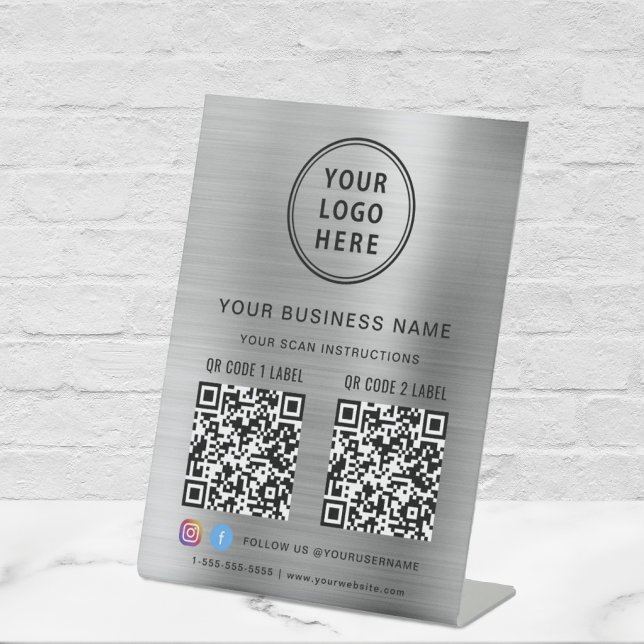 Business Logo 2 QR Codes Social Media Silver Pedestal Sign (Creator Uploaded)