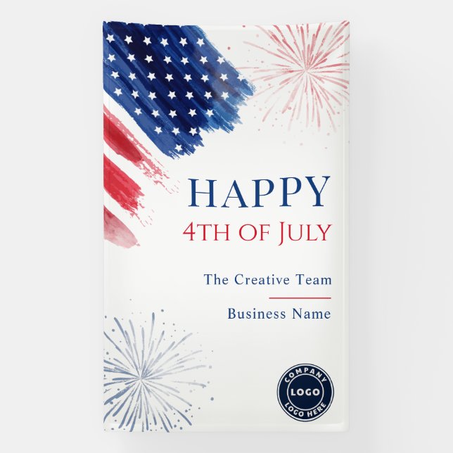 Business Logo 4th of July Party Red White Blue Banner (Vertical)