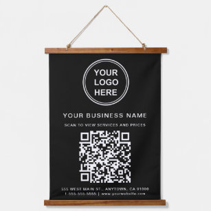 Business Logo and QR Code Black Hanging Tapestry