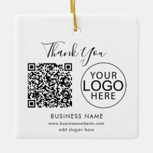 Business Logo and QR Code Script Festive Thank You Ceramic Ornament