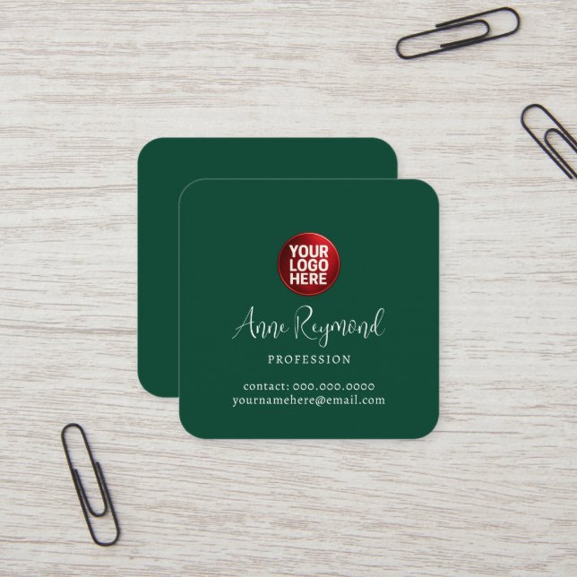 Business Logo and Script Name Green Square Business Card (Front/Back In Situ)