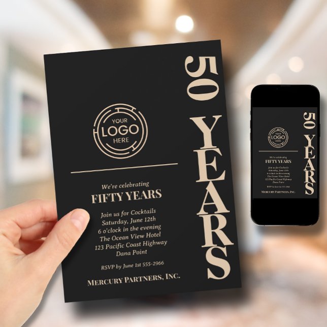 Business Logo Anniversary Black Invitation (Business Logo Anniversary Invitations - black and light gold. Printed and/or Instant Download)