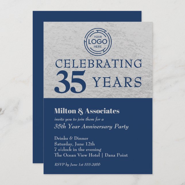 Business Logo Anniversary Navy Silver Invitation (Front/Back)