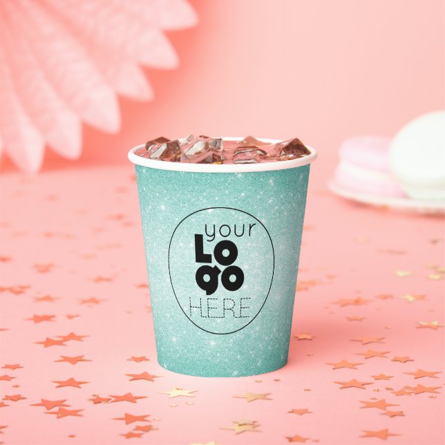 Business Logo Aqua Blue Glitter Paper Party Cup (Insitu)