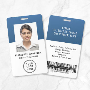 Business Logo Barcode Blue Employee Photo ID Badge