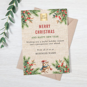 Business logo beige burlap pine cute owl Christmas Holiday Card