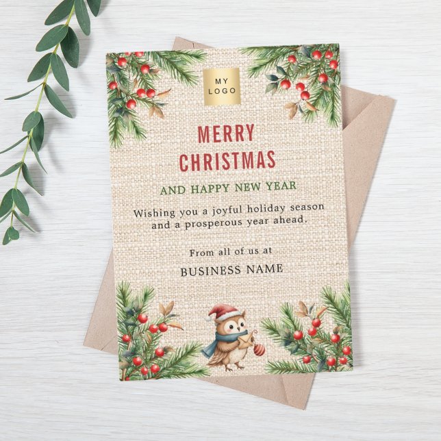 Business logo beige burlap pine cute owl Christmas Holiday Card (Creator Uploaded)