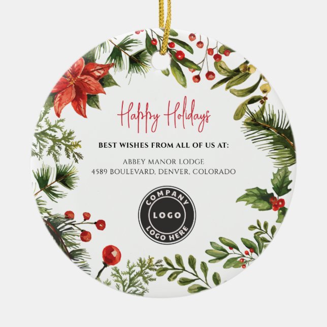 Business Logo Berries Mistletoe Staff Christmas Ceramic Tree Decoration (Front)