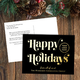 Business Logo Black Christmas Gold Foil Holiday Postcard
