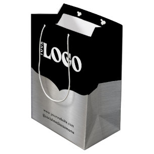 Business Logo Black Metallic Silver Paper Gift Bag