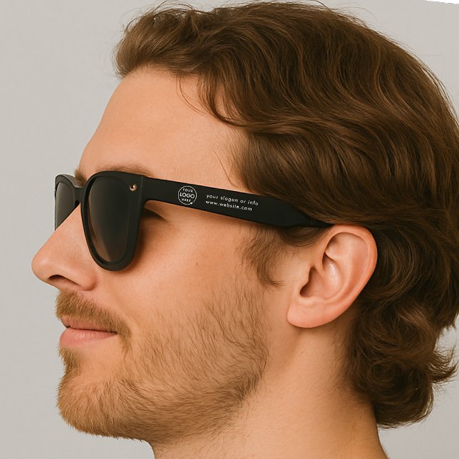 Business Logo | Black Modern Promotional Swag Sunglasses (Sleek black company branded sunglasses for your small business team apparel or promotional swag.)