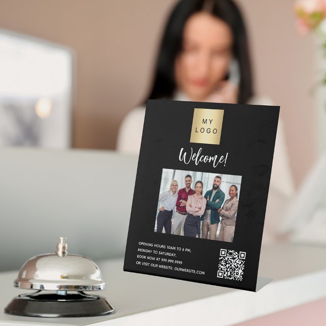 Business logo black photo welcome QR-code Pedestal Sign (Creator Uploaded)