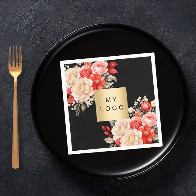 Business logo black red ivory florals napkin (Creator Uploaded)