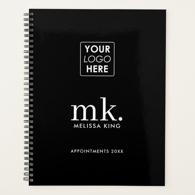 Business Logo Black White Monogram Modern QR Code  Planner (Front)